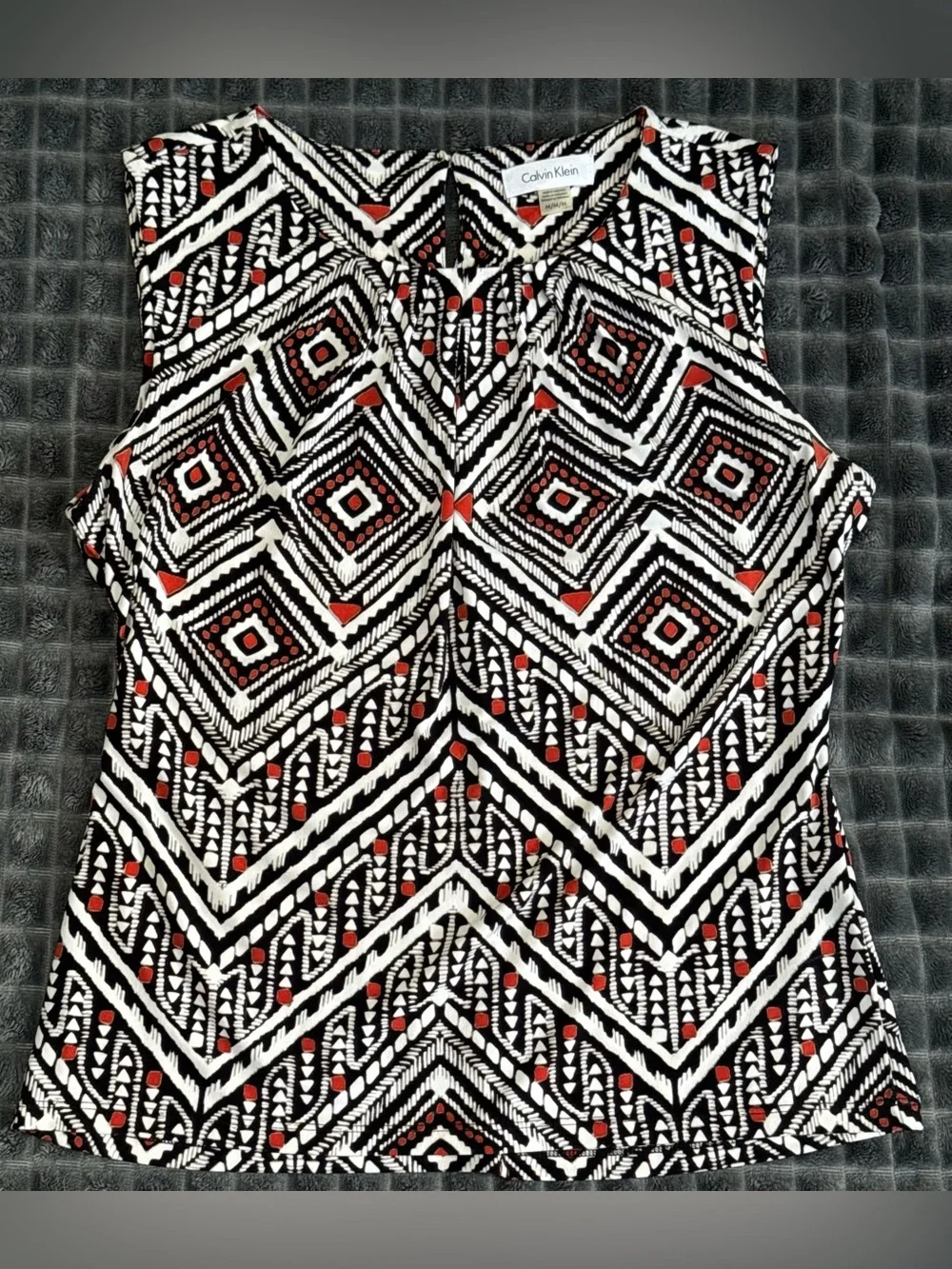Calvin Klein Med Black Rust Orange Red Print Sleeveless Top Blouse Accents (B7) - Picture 2 of 6